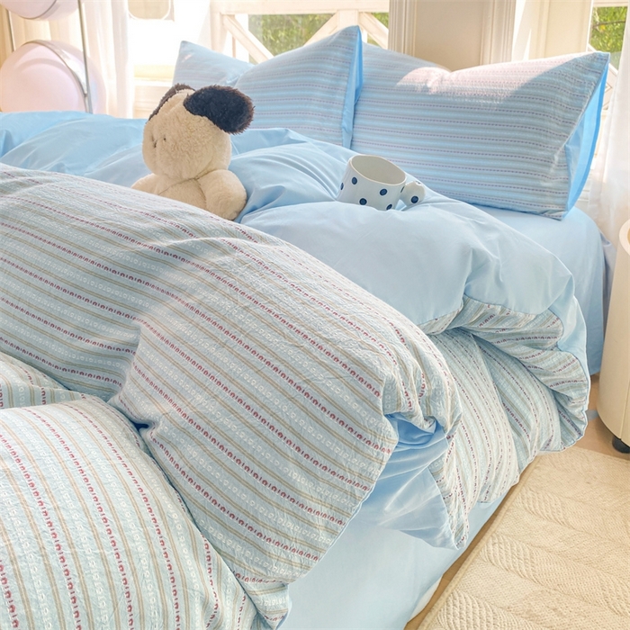 91家纺网 家纺一手货源 找家纺 灰鲸 2025新款A类全棉纯棉色织提花四件套 美拉-蓝