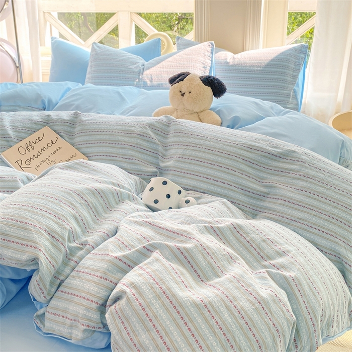 91家纺网 家纺一手货源 找家纺 灰鲸 2025新款A类全棉纯棉色织提花四件套 美拉-蓝