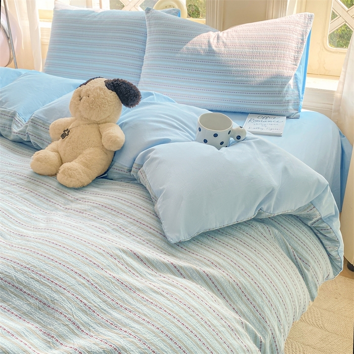 91家纺网 家纺一手货源 找家纺 灰鲸 2025新款A类全棉纯棉色织提花四件套 美拉-蓝