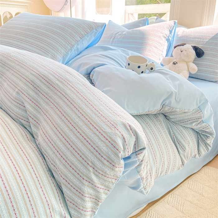 91家纺网 家纺一手货源 找家纺 灰鲸 2025新款A类全棉纯棉色织提花四件套 美拉-蓝