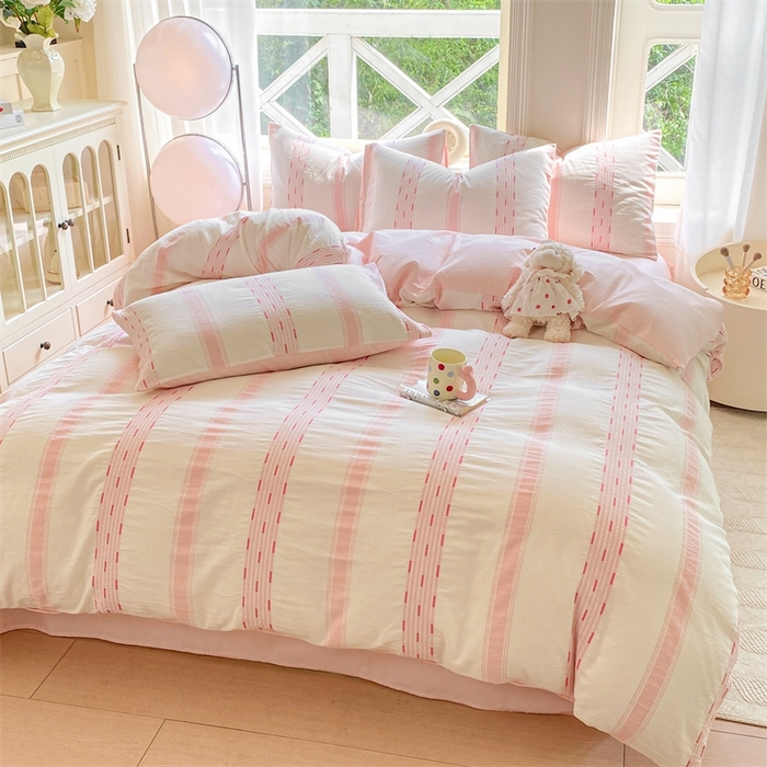 91家纺网 家纺一手货源 找家纺 灰鲸 2025新款A类全棉纯棉色织提花四件套 素瑾-粉