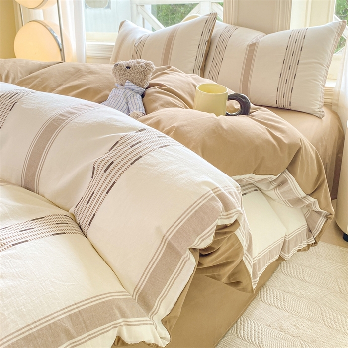 91家纺网 家纺一手货源 找家纺 灰鲸 2025新款A类全棉纯棉色织提花四件套 素瑾-咖