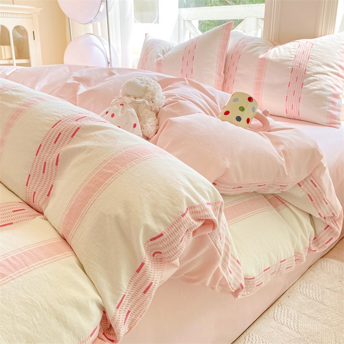 91家纺网 家纺一手货源 找家纺 灰鲸 2025新款A类全棉纯棉色织提花四件套 素瑾-粉