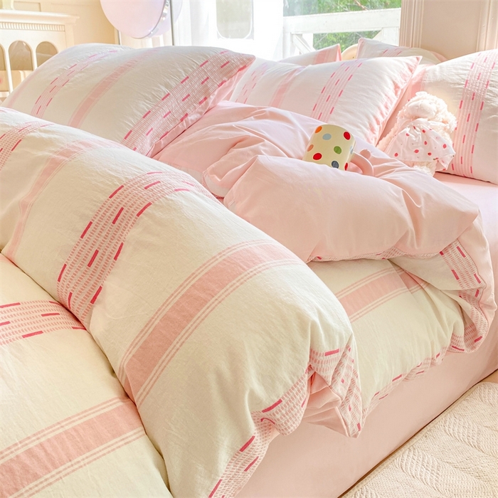 91家纺网 家纺一手货源 找家纺 灰鲸 2025新款A类全棉纯棉色织提花四件套 素瑾-粉