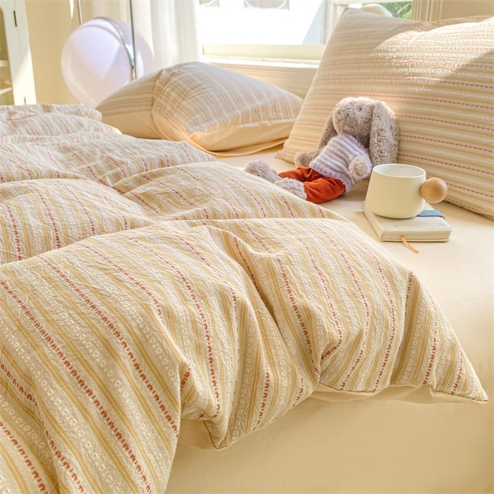 91家纺网 家纺一手货源 找家纺 灰鲸 2025新款A类全棉纯棉色织提花四件套 美拉-杏