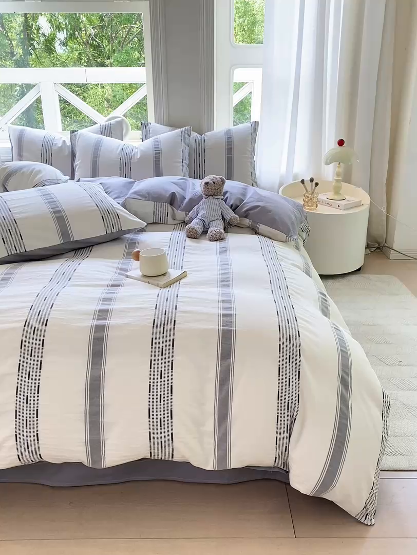 91家纺网 家纺一手货源 找家纺 灰鲸 2025新款A类全棉纯棉色织提花四件套 素瑾-灰