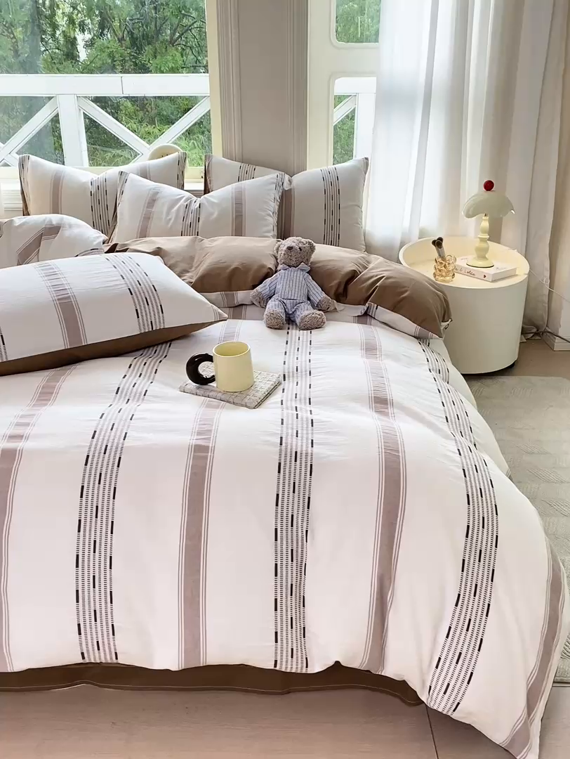 91家纺网 家纺一手货源 找家纺 灰鲸 2025新款A类全棉纯棉色织提花四件套 素瑾-咖