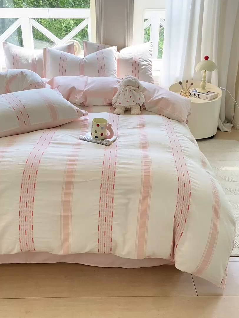 91家纺网 家纺一手货源 找家纺 灰鲸 2025新款A类全棉纯棉色织提花四件套 素瑾-粉