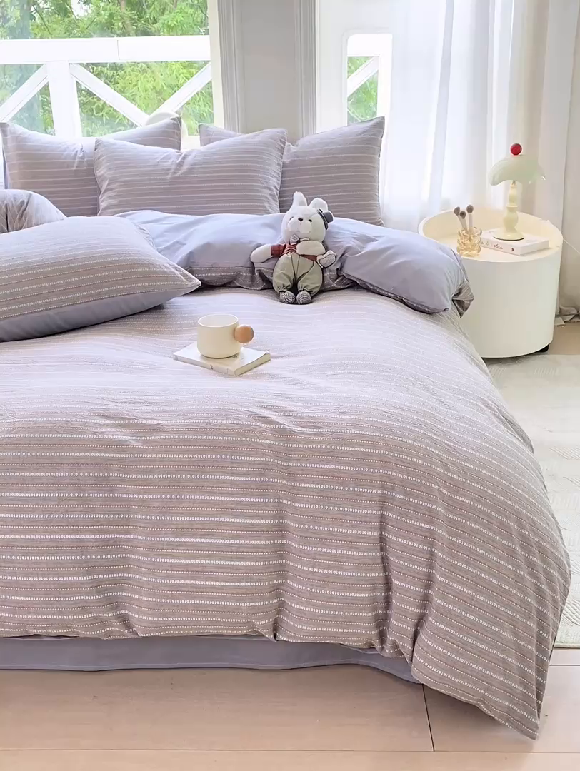 91家纺网 家纺一手货源 找家纺 灰鲸 2025新款A类全棉纯棉色织提花四件套 美拉-灰