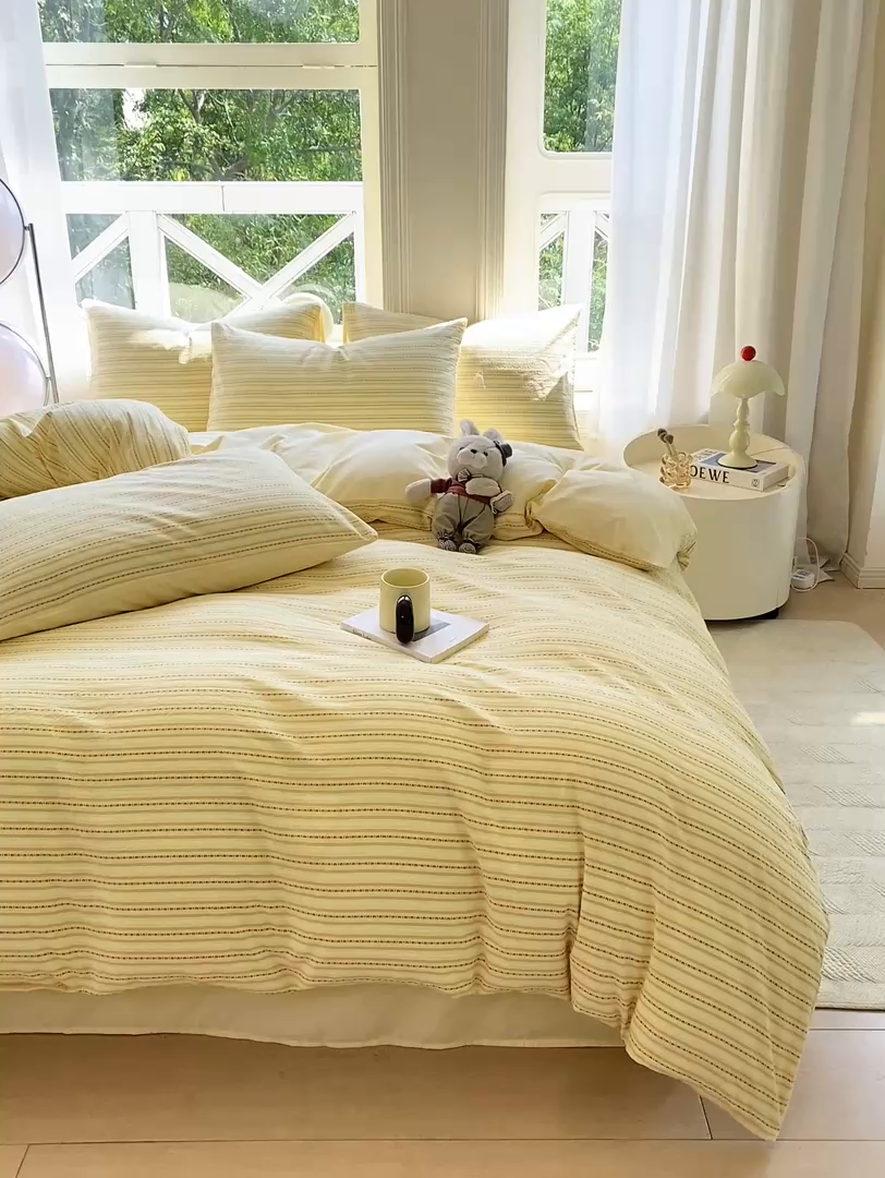 91家纺网 家纺一手货源 找家纺 灰鲸 2025新款A类全棉纯棉色织提花四件套 美拉-黄