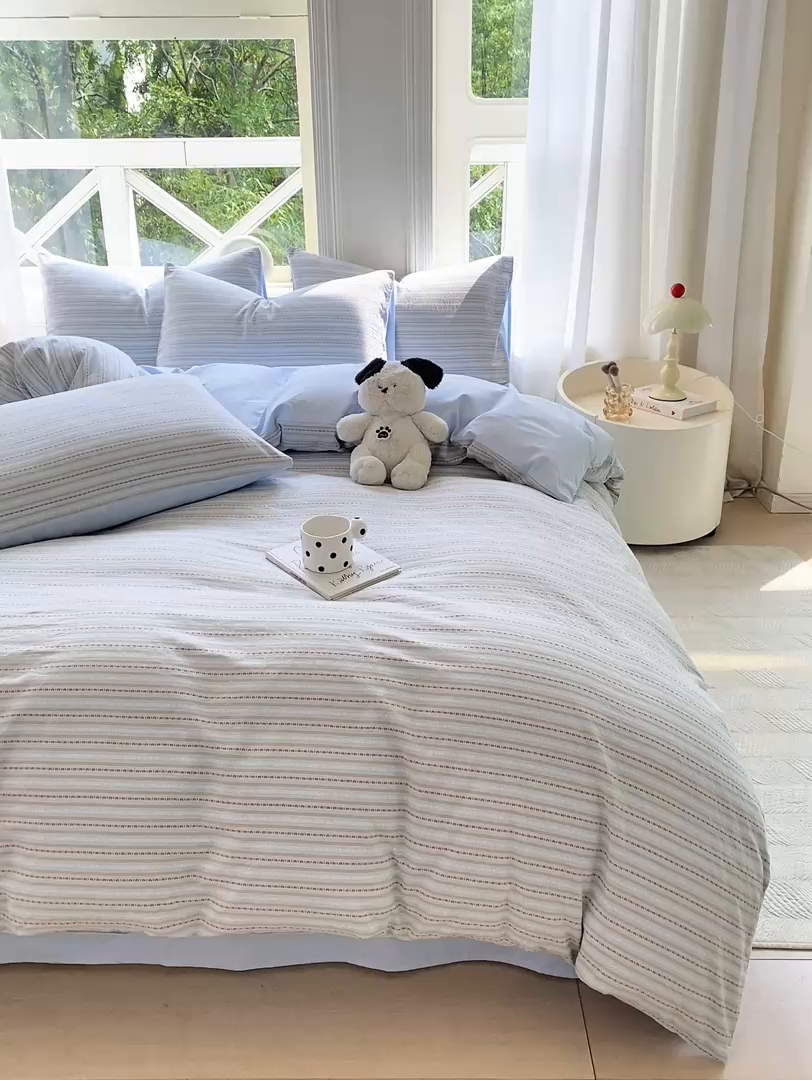 91家纺网 家纺一手货源 找家纺 灰鲸 2025新款A类全棉纯棉色织提花四件套 美拉-蓝