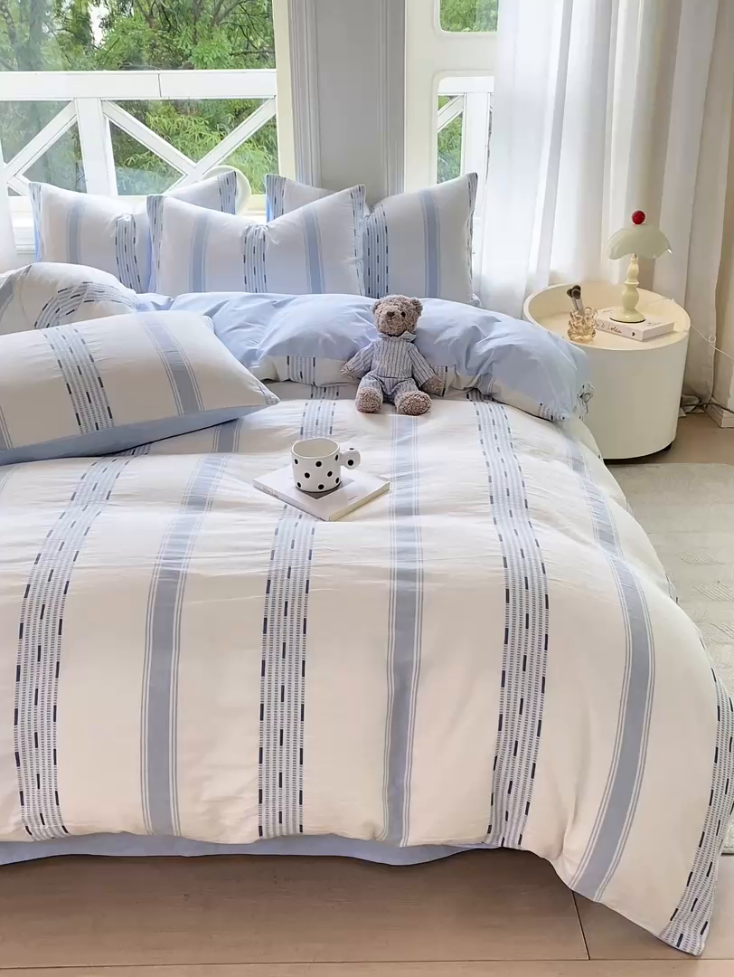 91家纺网 家纺一手货源 找家纺 灰鲸 2025新款A类全棉纯棉色织提花四件套 素瑾-蓝