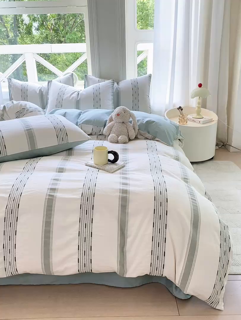 91家纺网 家纺一手货源 找家纺 灰鲸 2025新款A类全棉纯棉色织提花四件套 素瑾-绿