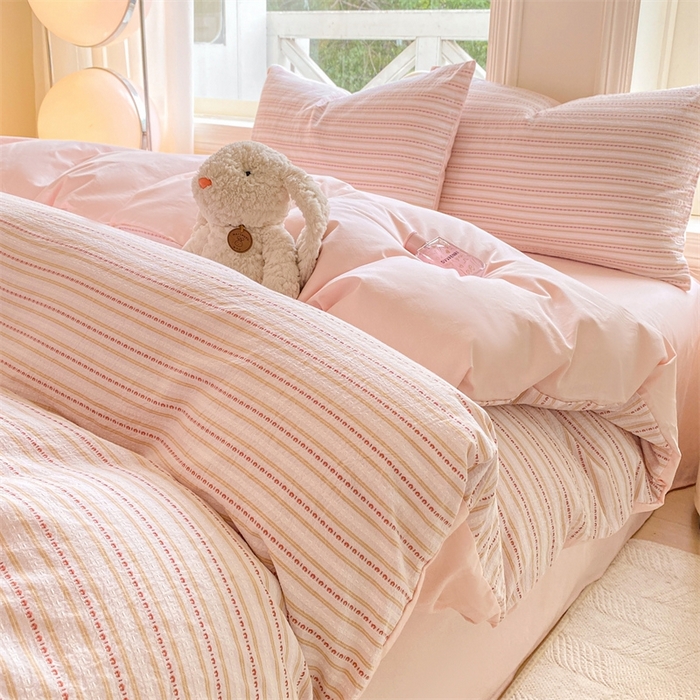 91家纺网 家纺一手货源 找家纺 灰鲸 2025新款A类全棉纯棉色织提花四件套 美拉-粉