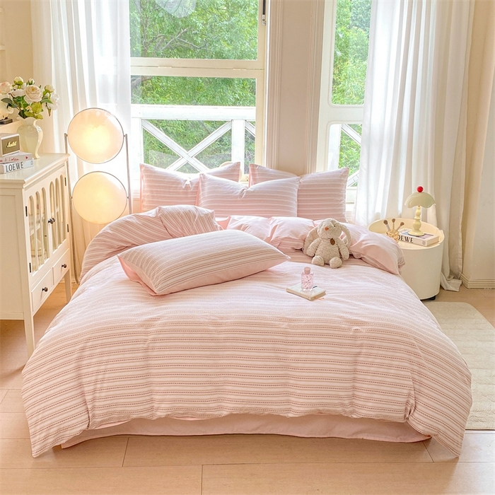 91家纺网 家纺一手货源 找家纺 灰鲸 2025新款A类全棉纯棉色织提花四件套 美拉-粉