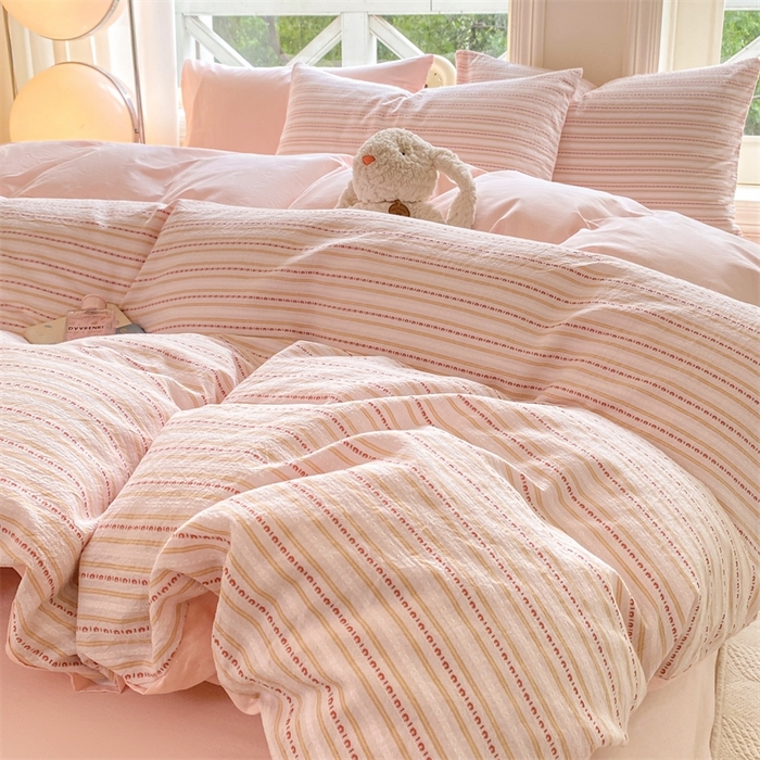 91家纺网 家纺一手货源 找家纺 灰鲸 2025新款A类全棉纯棉色织提花四件套 美拉-粉