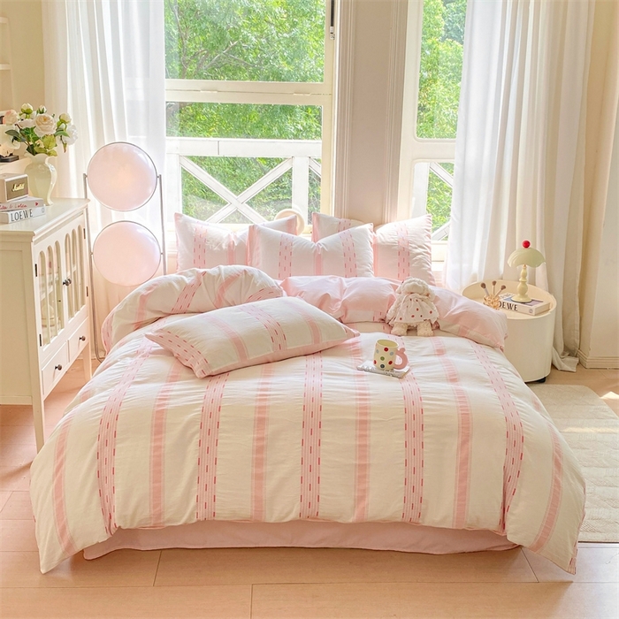 91家纺网 家纺一手货源 找家纺 灰鲸 2025新款A类全棉纯棉色织提花四件套 素瑾-粉