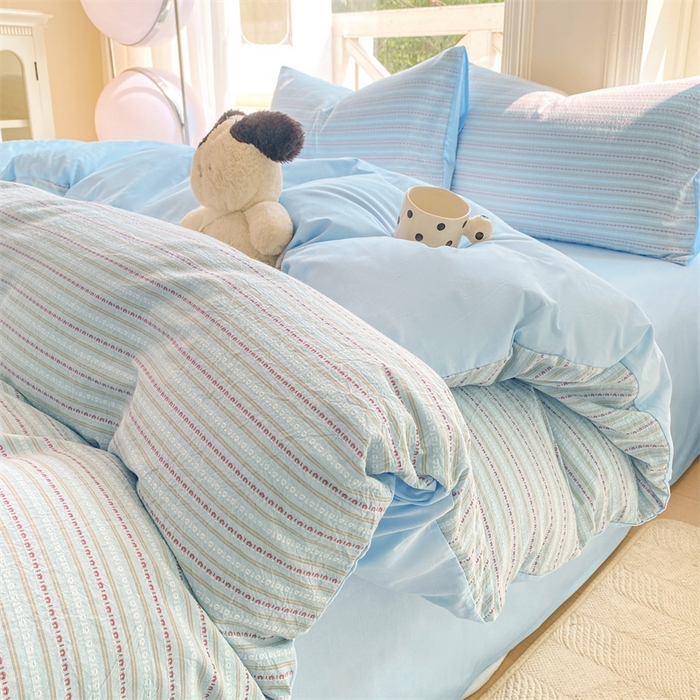 91家纺网 家纺一手货源 找家纺 灰鲸 2025新款A类全棉纯棉色织提花四件套 美拉-蓝