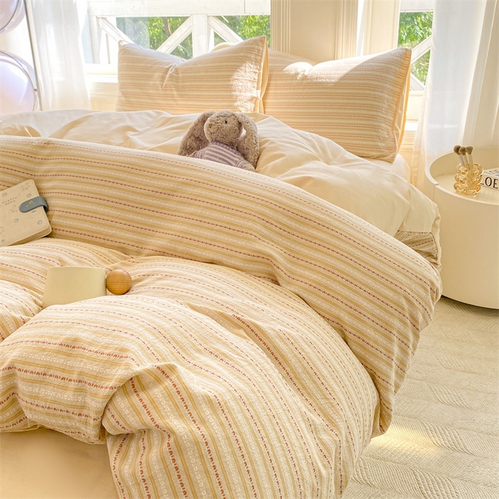 91家纺网 家纺一手货源 找家纺 灰鲸 2025新款A类全棉纯棉色织提花四件套 美拉-杏