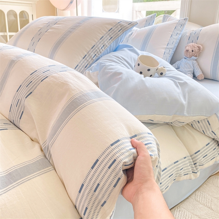 91家纺网 家纺一手货源 找家纺 灰鲸 2025新款A类全棉纯棉色织提花四件套 素瑾-蓝