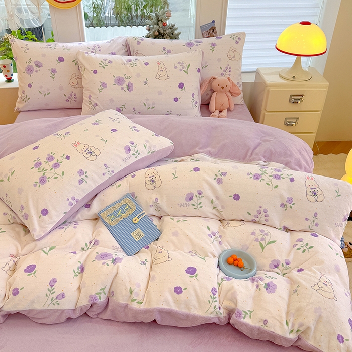 91家纺网 家纺一手货源 找家纺 酱子 2025新款200克高克重印花牛奶绒四件套 兔眠花笺