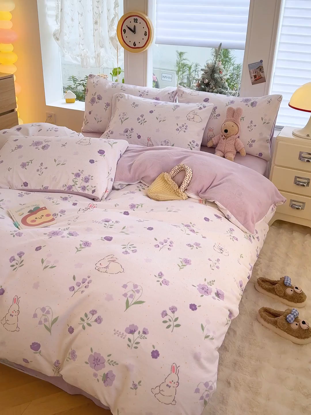 91家纺网 家纺一手货源 找家纺 酱子 2025新款200克高克重印花牛奶绒四件套 兔眠花笺