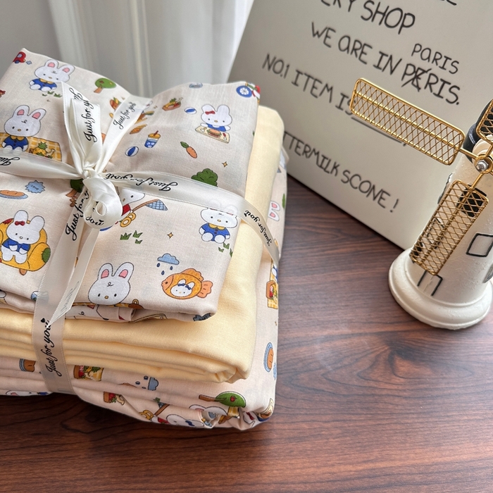 91家纺网 家纺一手货源 找家纺 爱思佳 2024新款A类母婴全棉双层纱印花四件套直播热卖系列-系列一 野餐兔