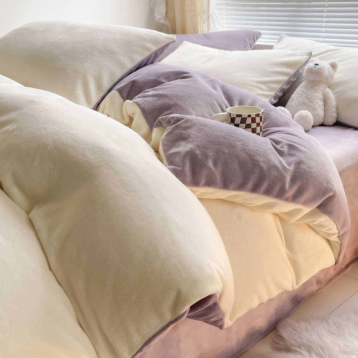 酱子 2025新款纯色双拼牛奶绒四件套190克 奶黄+浅紫