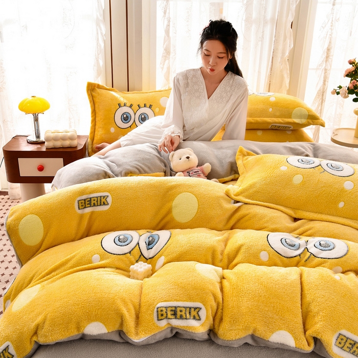 91家纺网 家纺一手货源 找家纺 牵梦萦 2025新款雪花绒小清新印花四件套 大眼宝宝