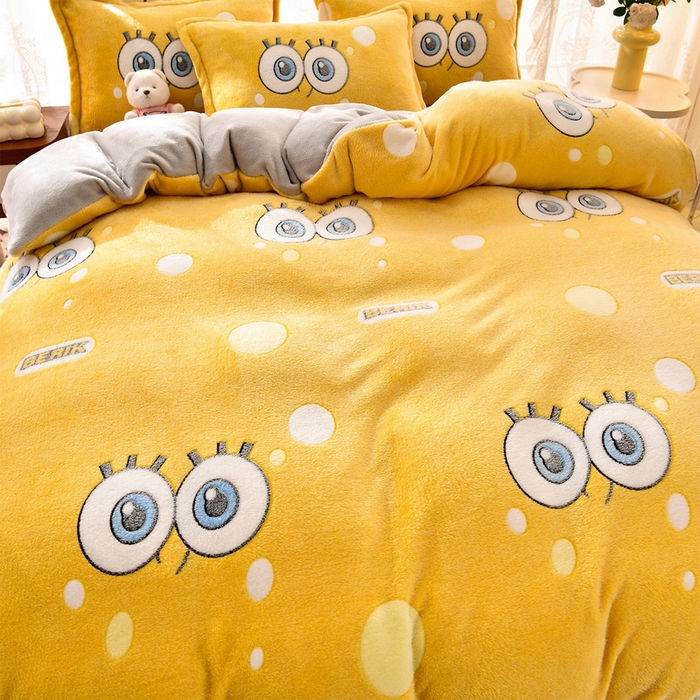 91家纺网 家纺一手货源 找家纺 牵梦萦 2025新款雪花绒小清新印花四件套 大眼宝宝