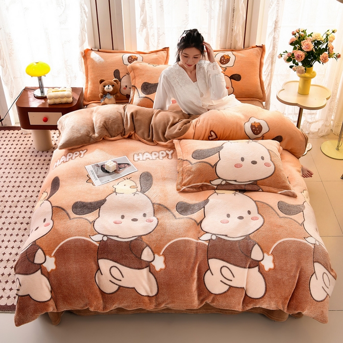 91家纺网 家纺一手货源 找家纺 牵梦萦 2025新款雪花绒小清新印花四件套 快乐小狗