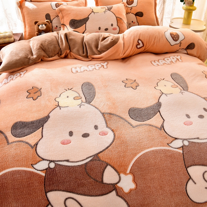 91家纺网 家纺一手货源 找家纺 牵梦萦 2025新款雪花绒小清新印花四件套 快乐小狗