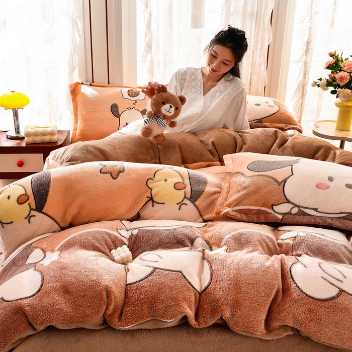 91家纺网 家纺一手货源 找家纺 牵梦萦 2025新款雪花绒小清新印花四件套 快乐小狗