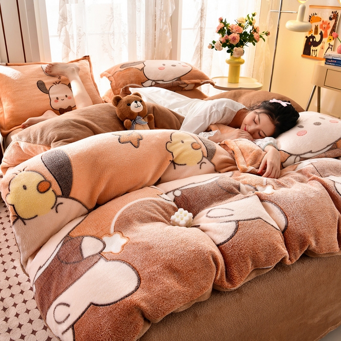 91家纺网 家纺一手货源 找家纺 牵梦萦 2025新款雪花绒小清新印花四件套 快乐小狗