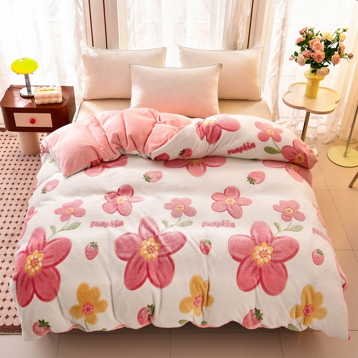 91家纺网 家纺一手货源 找家纺 牵梦萦 2025新款雪花绒小清新印花四件套 太阳花