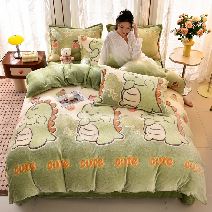 91家纺网 家纺一手货源 找家纺 牵梦萦 2025新款雪花绒小清新印花四件套 小恐龙