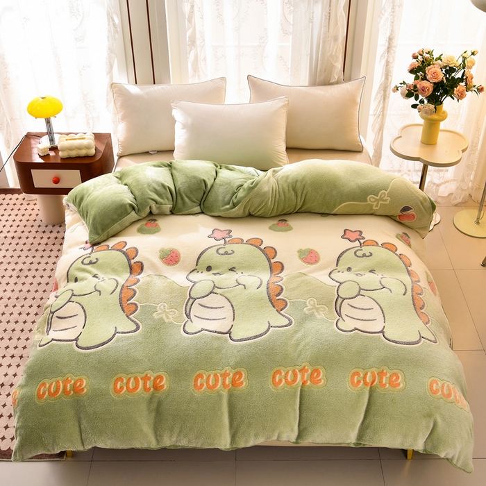 91家纺网 家纺一手货源 找家纺 牵梦萦 2025新款雪花绒小清新印花四件套 小恐龙