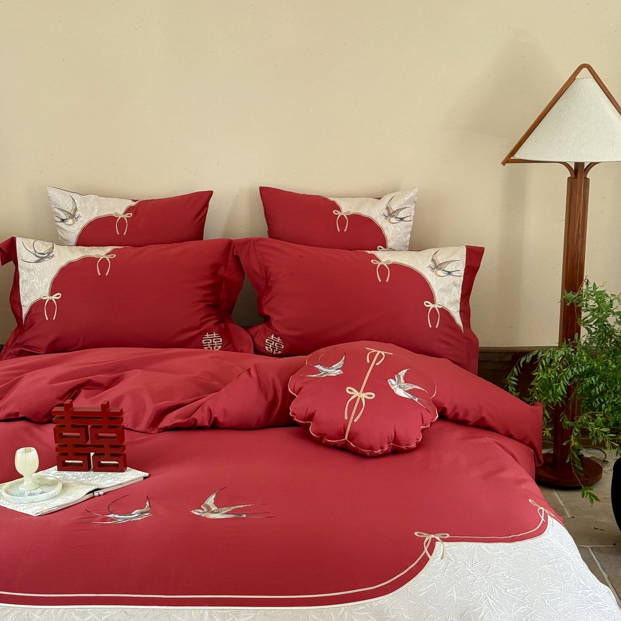 91家纺网 家纺一手货源 找家纺 （总）西西家居 25新款100支长绒棉高精密提花拼接大红婚庆四件套-比翼双飞