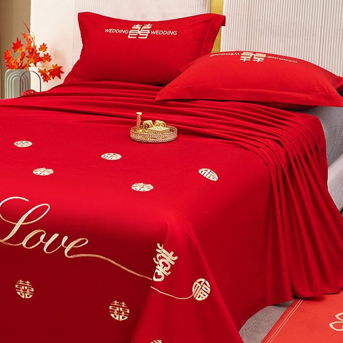 91家纺网 家纺一手货源 找家纺 卓缦家纺 2025新款水洗磨毛婚庆床单/床笠 福喜双全