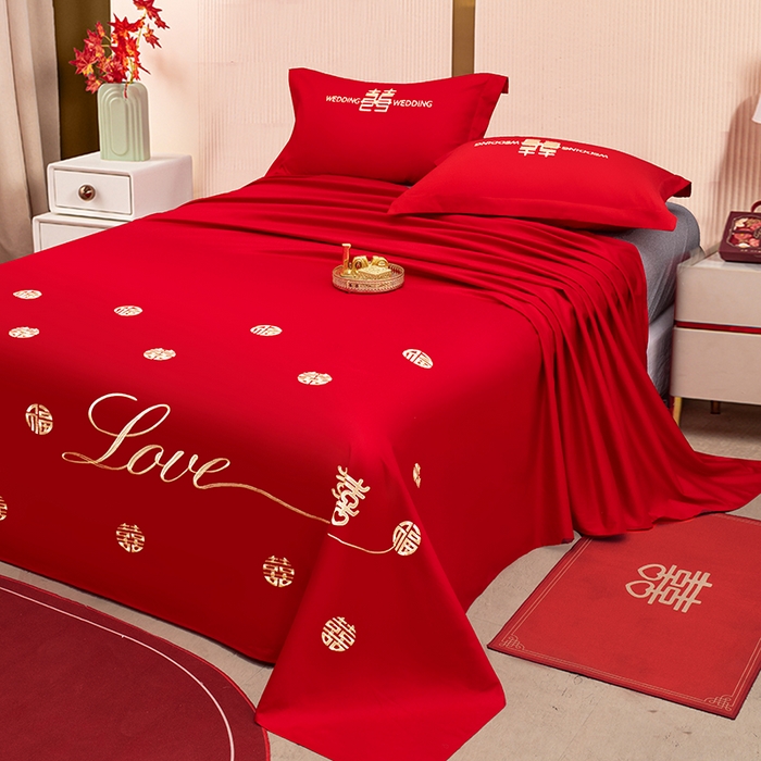 91家纺网 家纺一手货源 找家纺 卓缦家纺 2025新款水洗磨毛婚庆床单/床笠 福喜双全