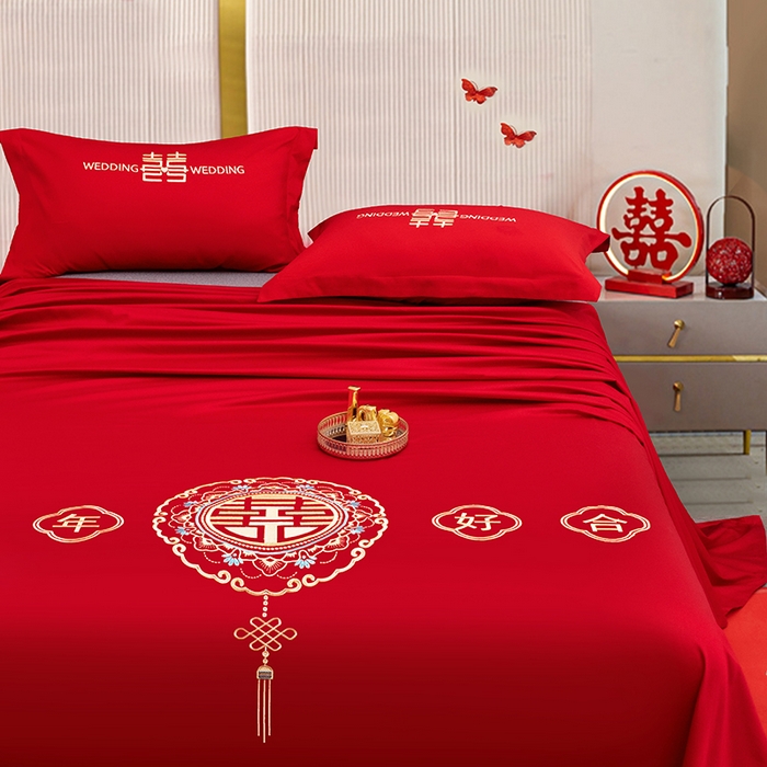 91家纺网 家纺一手货源 找家纺 卓缦家纺 2025新款水洗磨毛婚庆床单/床笠 和和美美