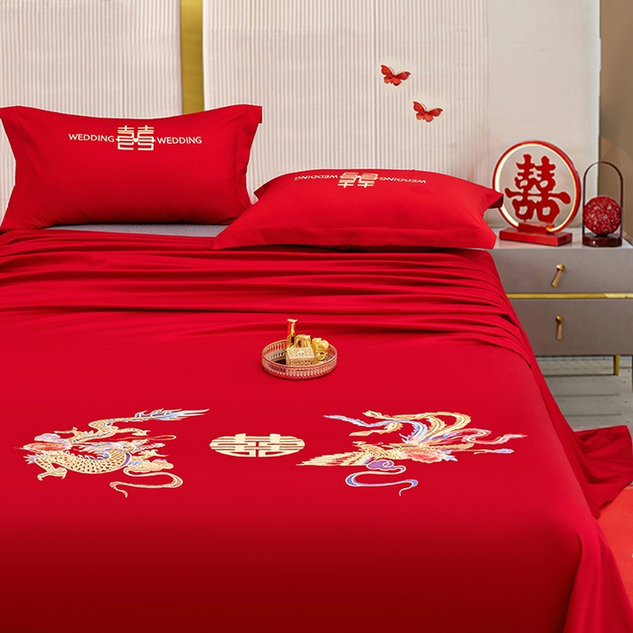 91家纺网 家纺一手货源 找家纺 卓缦家纺 2025新款水洗磨毛婚庆床单/床笠 龙凤和鸣