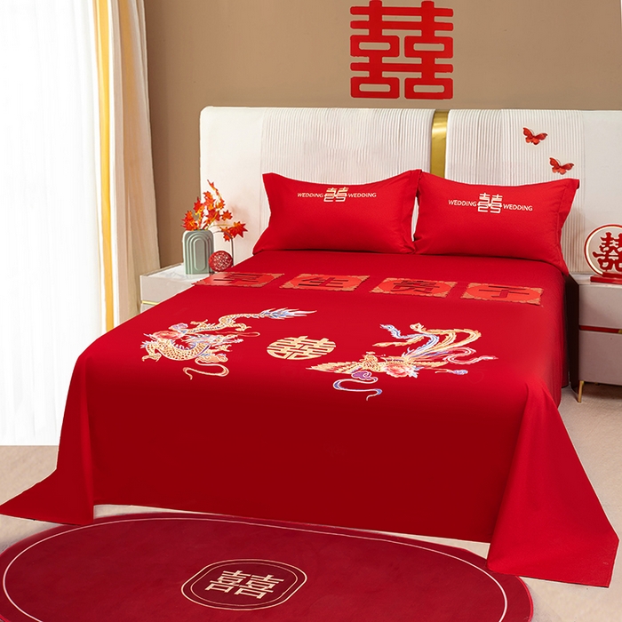 91家纺网 家纺一手货源 找家纺 卓缦家纺 2025新款水洗磨毛婚庆床单/床笠 龙凤和鸣