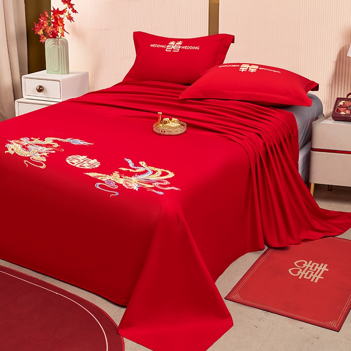 91家纺网 家纺一手货源 找家纺 卓缦家纺 2025新款水洗磨毛婚庆床单/床笠 龙凤和鸣