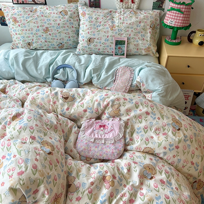 91家纺网 家纺一手货源 找家纺 原素 2025学生季专属双拼印花水洗棉双层纱四件套 丛林七七