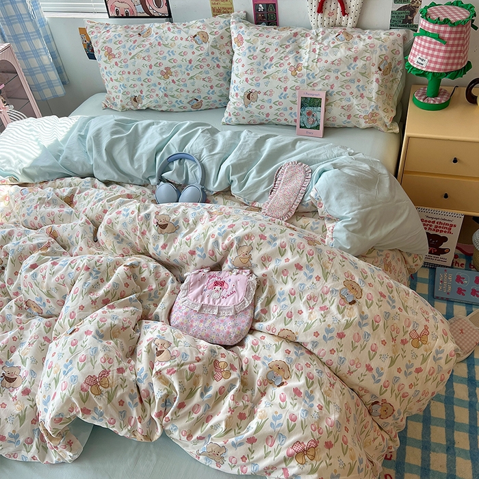 91家纺网 家纺一手货源 找家纺 原素 2025学生季专属双拼印花水洗棉双层纱四件套 丛林七七