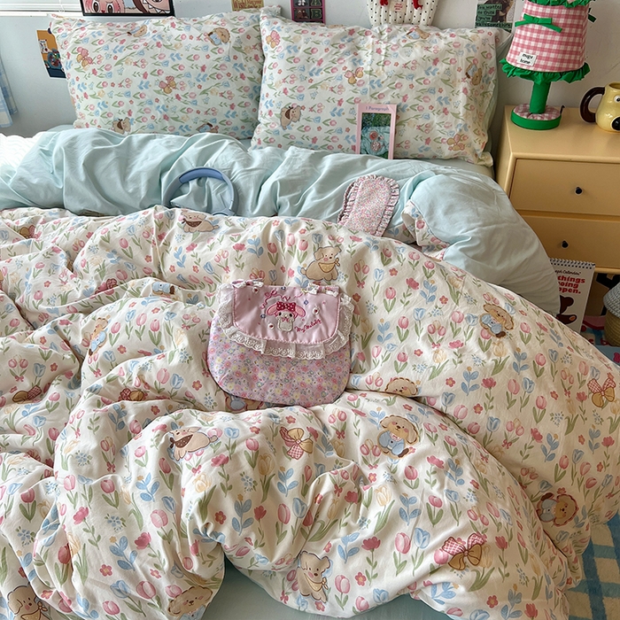 91家纺网 家纺一手货源 找家纺 原素 2025学生季专属双拼印花水洗棉双层纱四件套 丛林七七