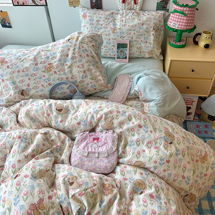 91家纺网 家纺一手货源 找家纺 原素 2025学生季专属双拼印花水洗棉双层纱四件套 丛林七七