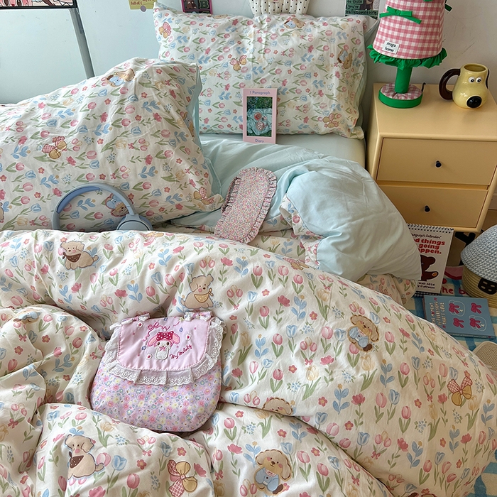 91家纺网 家纺一手货源 找家纺 原素 2025学生季专属双拼印花水洗棉双层纱四件套 丛林七七