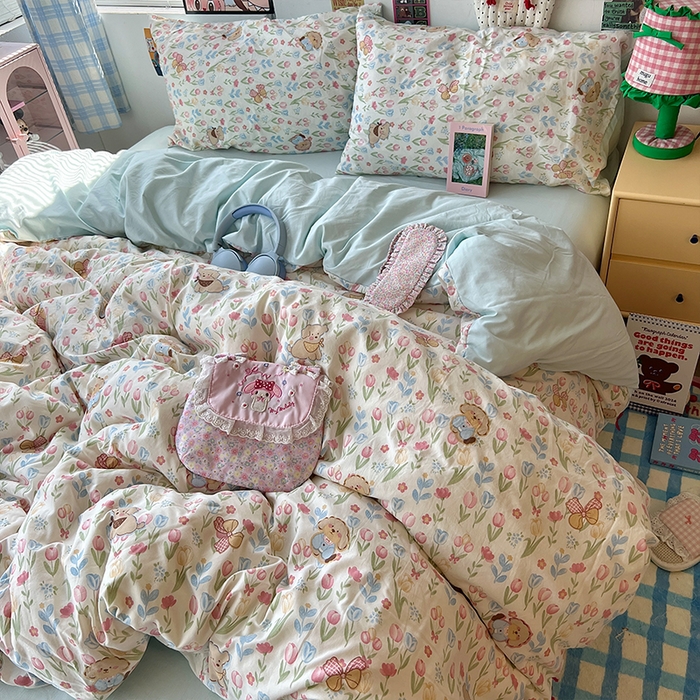 91家纺网 家纺一手货源 找家纺 原素 2025学生季专属双拼印花水洗棉双层纱四件套 丛林七七